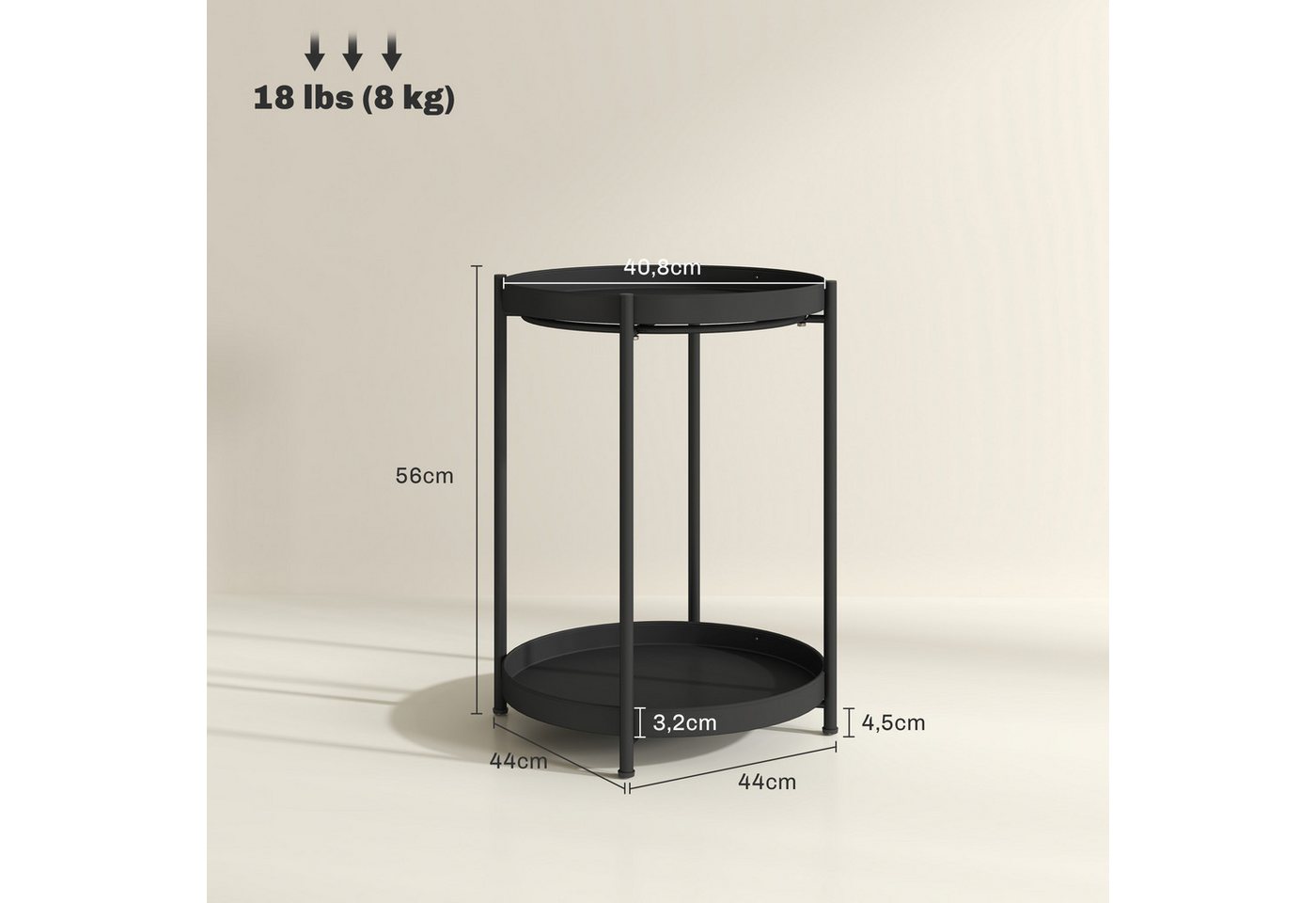 HOMCOM Beistelltisch Wohnzimmertisch mit Ablagen, Nachttisch Sofatisch, rund (Couchtisch, 1-St., Kaffeetisch), für Wohnzimmer, Schlafzimmer, 44 x 44 x 56 cm, St – Bild 3 von 5