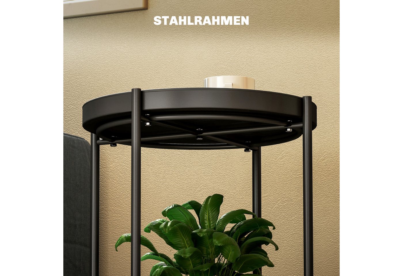 HOMCOM Beistelltisch Wohnzimmertisch mit Ablagen, Nachttisch Sofatisch, rund (Couchtisch, 1-St., Kaffeetisch), für Wohnzimmer, Schlafzimmer, 44 x 44 x 56 cm, St – Bild 5 von 5