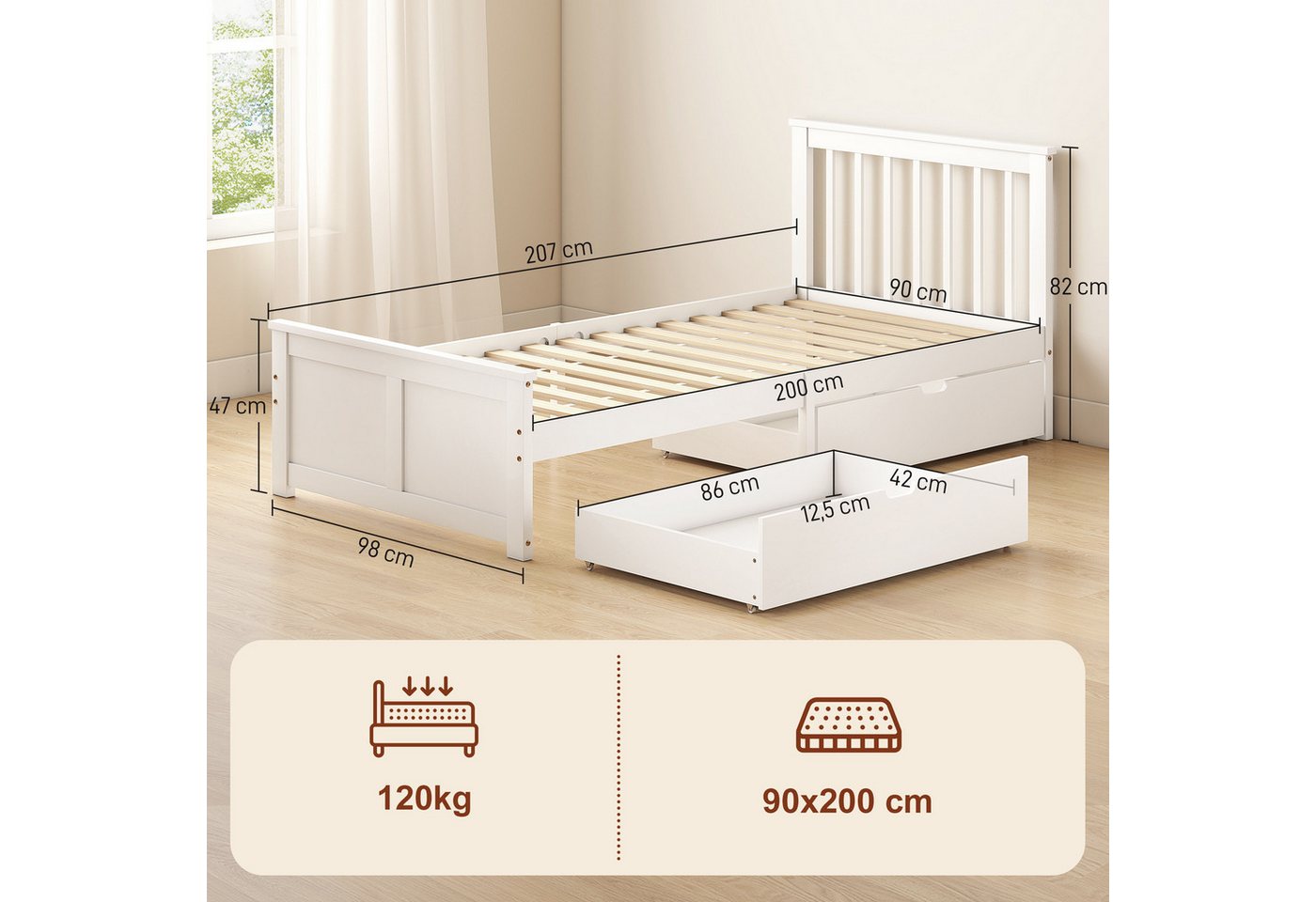 HOMCOM Bettgestell Bett 90x200cm, Schublade, Unterbettaufbewahrung, Holzbett (Einzelbettrahmen, 1-tlg., Bettrahmen aus Holz), für Schlafzimmer, Weiß – Bild 3 von 5
