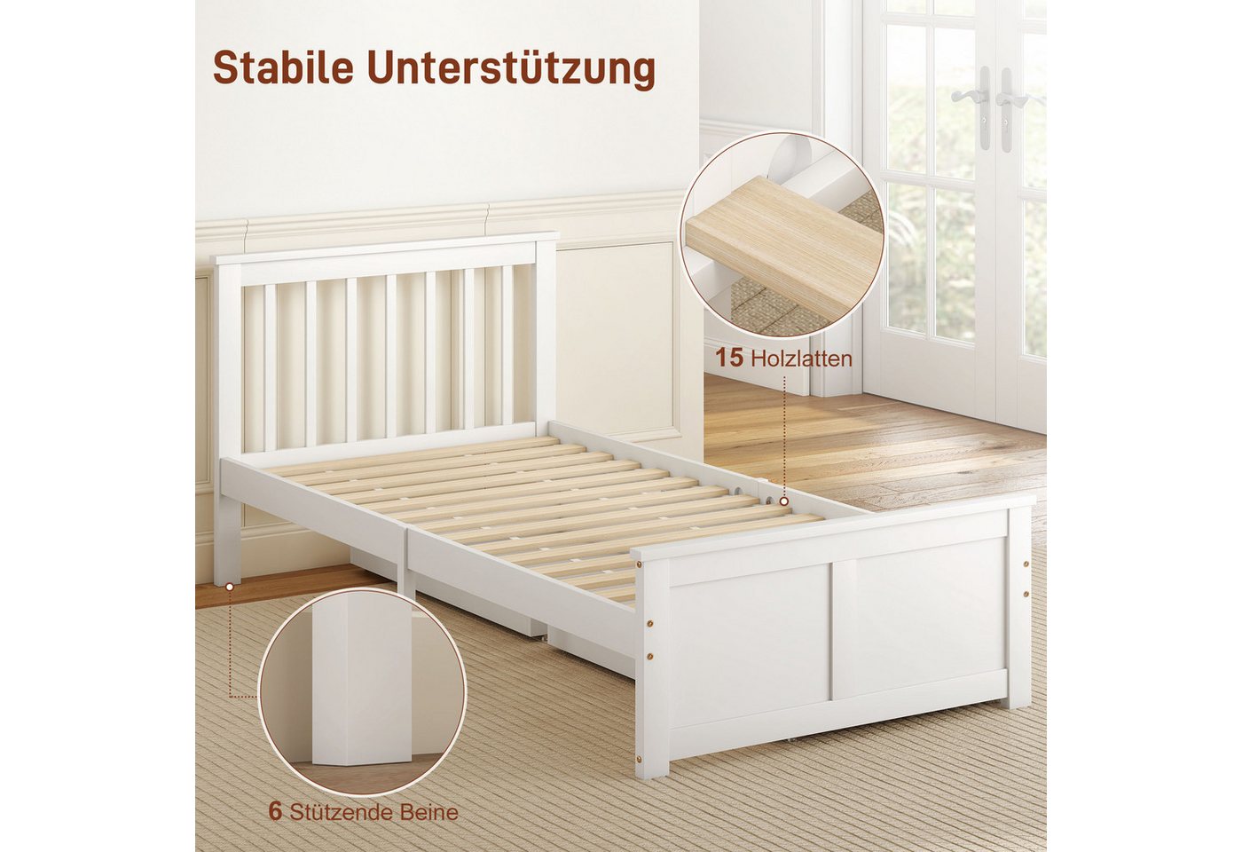 HOMCOM Bettgestell Bett 90x200cm, Schublade, Unterbettaufbewahrung, Holzbett (Einzelbettrahmen, 1-tlg., Bettrahmen aus Holz), für Schlafzimmer, Weiß – Bild 5 von 5