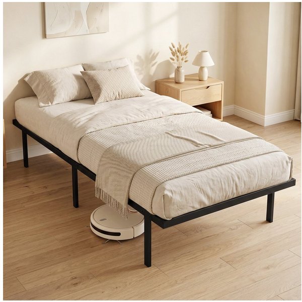 HOMCOM Bettgestell Metallbett mit Lattenrost (Set, 1-tlg., Bettgestell mit Lattenrost), Geräuscharmes, kopfteilloses Metallbett mit Stauraum
