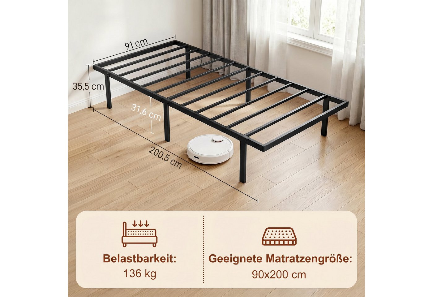 HOMCOM Bettgestell Metallbett mit Lattenrost (Set, 1-tlg., Bettgestell mit Lattenrost), Geräuscharmes, kopfteilloses Metallbett mit Stauraum – Bild 3 von 5