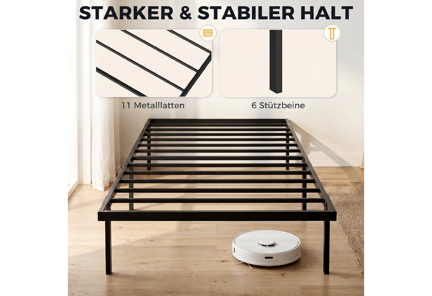 HOMCOM Bettgestell Metallbett mit Lattenrost (Set, 1-tlg., Bettgestell mit Lattenrost), Geräuscharmes, kopfteilloses Metallbett mit Stauraum – Bild 4 von 5