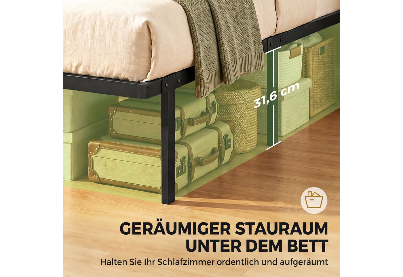HOMCOM Bettgestell Metallbett mit Lattenrost (Set, 1-tlg., Bettgestell mit Lattenrost), Geräuscharmes, kopfteilloses Metallbett mit Stauraum – Bild 5 von 5