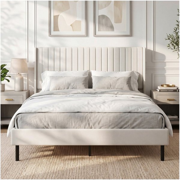 HOMCOM Bettgestell Polsterbett 140x200cm, Holland-Samt, gepolstertes Kopfteil, Beige (Set, 1-tlg., Bettgestell mit Lattenrost), Verstellbares Kopfteil, 15 cm Bo