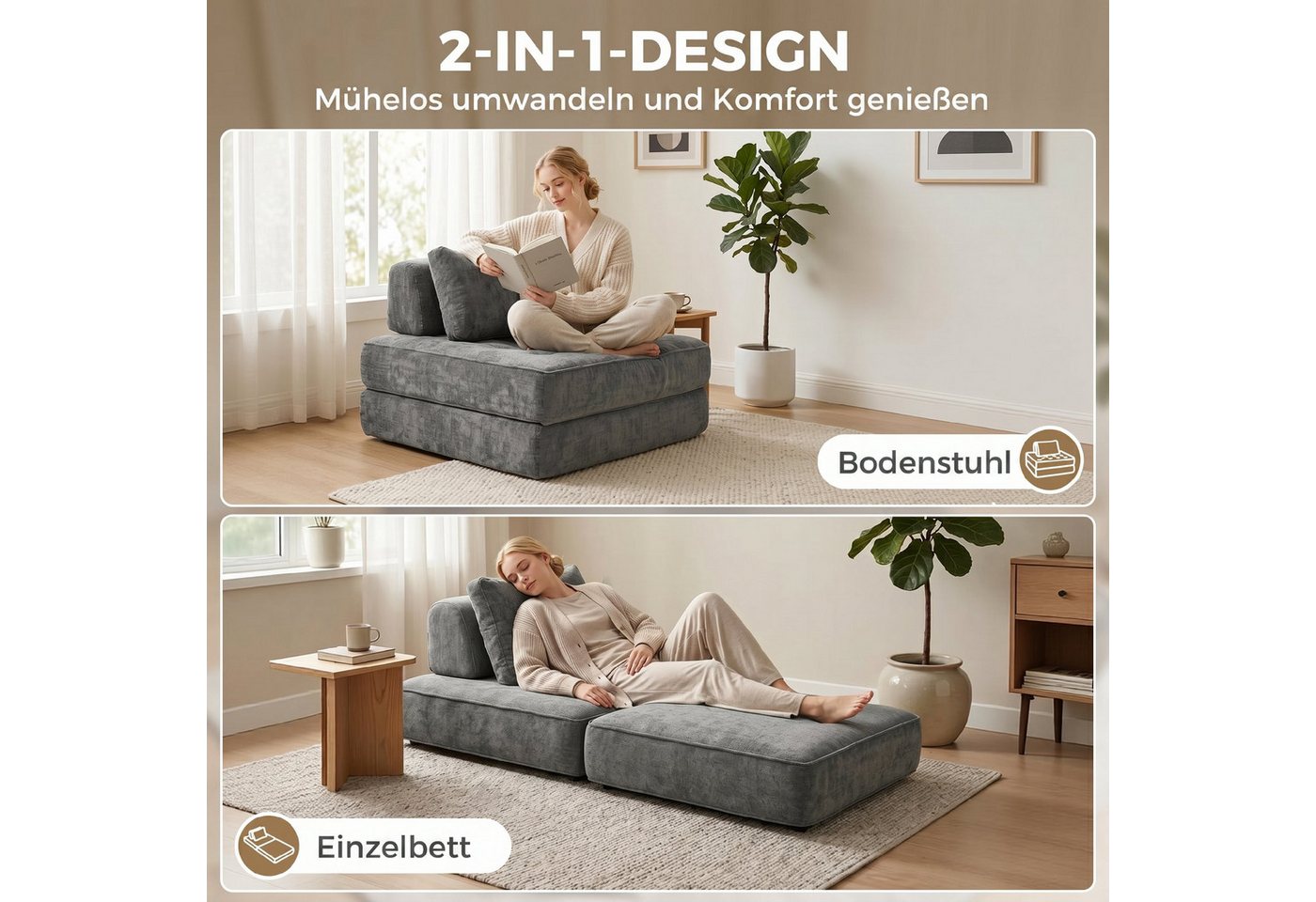 HOMCOM Bodenkissen Schlafsofa, Gästebett mit Chenille-Optik, Boneless Klappmatratze, für Wohnzimmer, Schlafzimmer, Grau – Bild 4 von 5