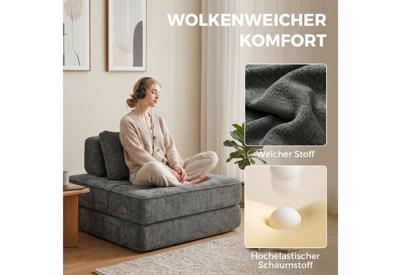 HOMCOM Bodenkissen Schlafsofa, Gästebett mit Chenille-Optik, Boneless Klappmatratze, für Wohnzimmer, Schlafzimmer, Grau – Bild 5 von 5