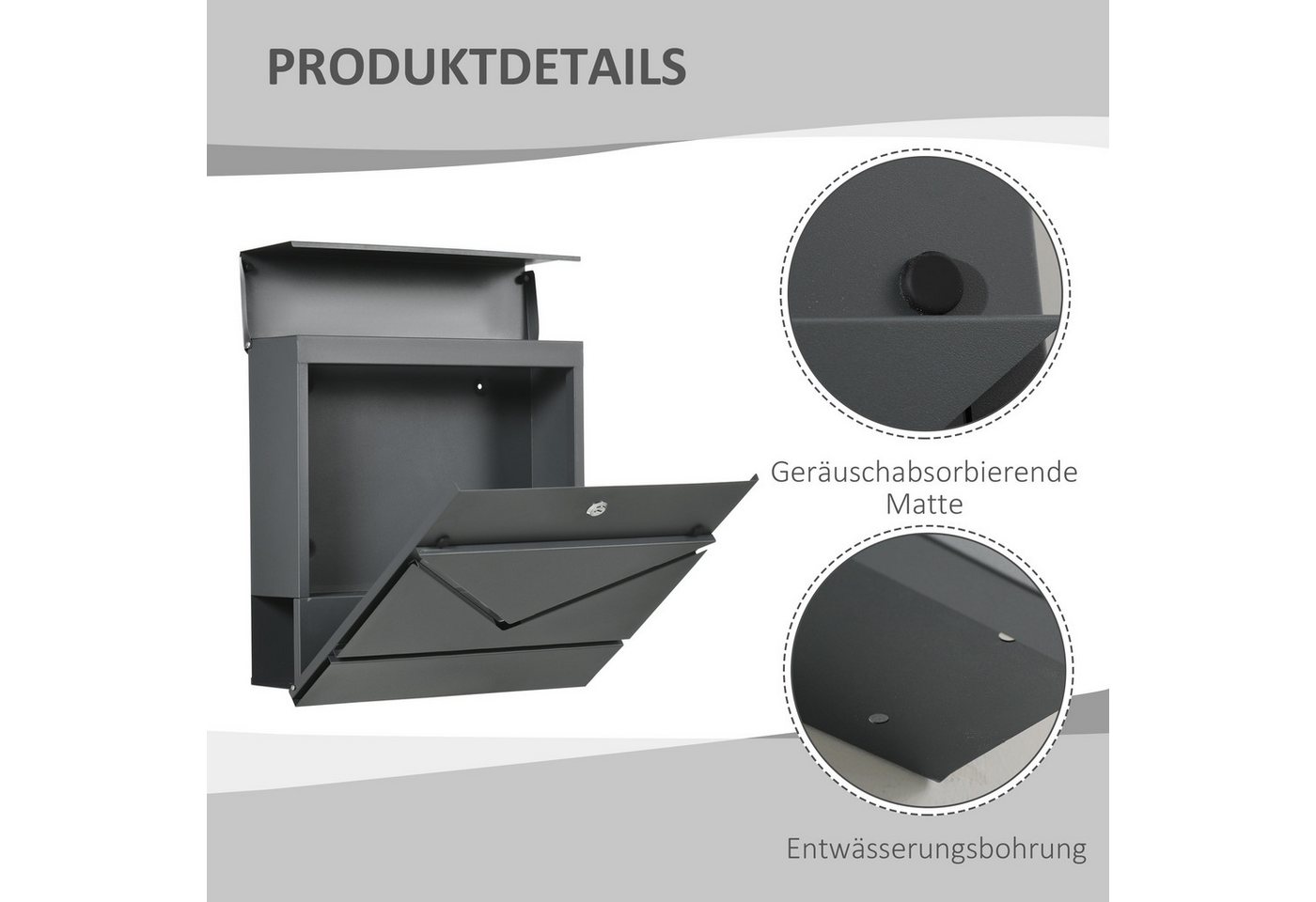 HOMCOM Briefkasten mit Schloss, Deckel (Wandbriefkasten, 1-St., Postkasten), für Outdoor, 37 x 10,5 x 37 cm, Dunkelgrau – Bild 5 von 5