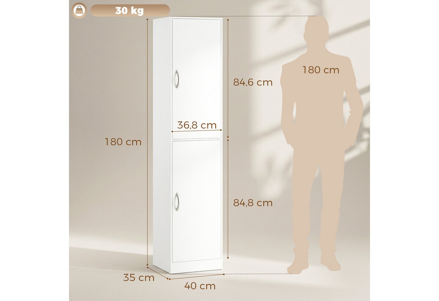 HOMCOM Bücherregal Bücherschrank, 5 Ebenen, 2 Türen, verstellbare Ablagen, Standregal 1-tlg., 40 x 35 x 180 cm für Büro, Wohnzimmer, Schlafzimmer, Weiß – Bild 3 von 5