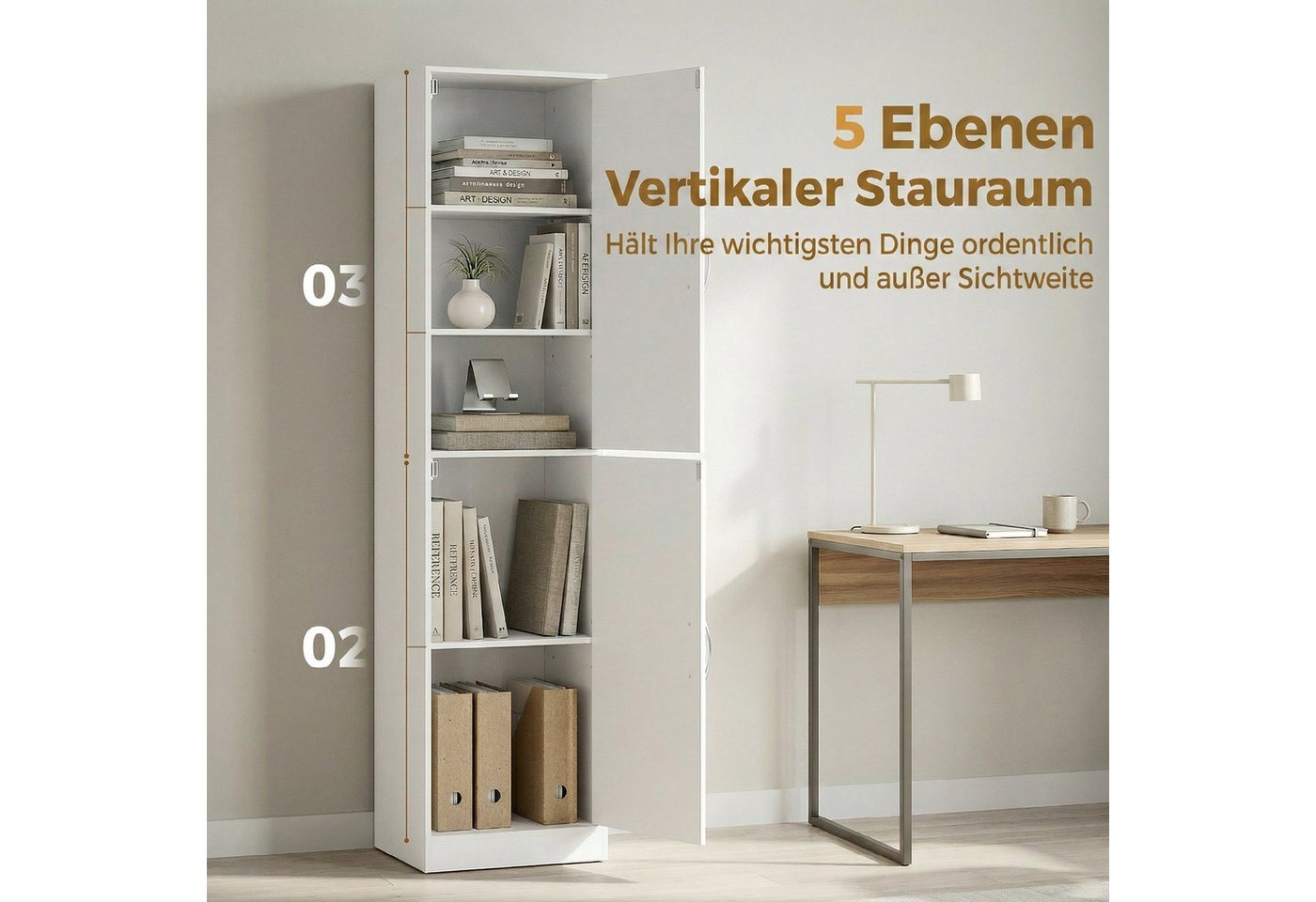 HOMCOM Bücherregal Bücherschrank, 5 Ebenen, 2 Türen, verstellbare Ablagen, Standregal 1-tlg., 40 x 35 x 180 cm für Büro, Wohnzimmer, Schlafzimmer, Weiß – Bild 4 von 5