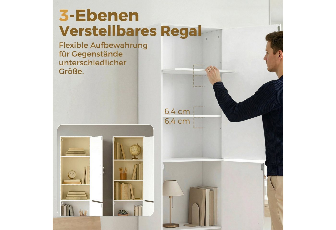 HOMCOM Bücherregal Bücherschrank, 5 Ebenen, 2 Türen, verstellbare Ablagen, Standregal 1-tlg., 40 x 35 x 180 cm für Büro, Wohnzimmer, Schlafzimmer, Weiß – Bild 5 von 5