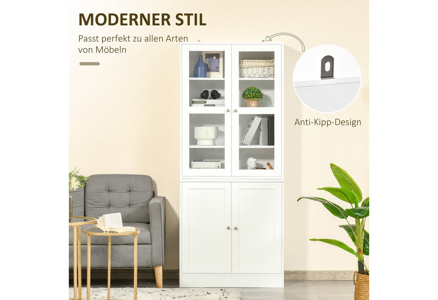 HOMCOM Bücherregal Bücherschrank mit 6 Fächern, Türen, Standregal, Aufbewahrungsregal, Küchenschrank 1-tlg., für Wohnzimmer Büro Weiß – Bild 4 von 5