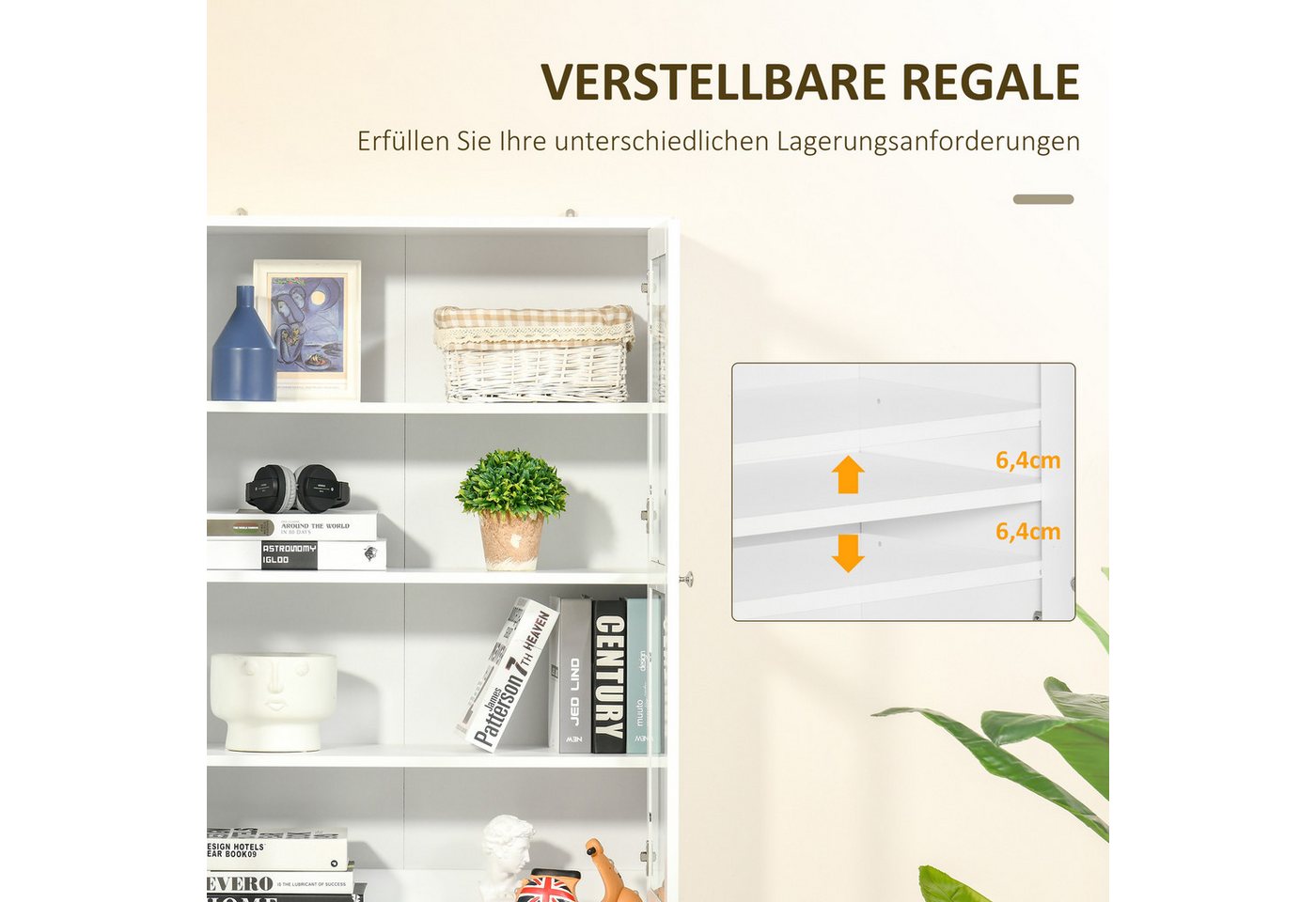 HOMCOM Bücherregal Bücherschrank mit 6 Fächern, Türen, Standregal, Aufbewahrungsregal, Küchenschrank 1-tlg., für Wohnzimmer Büro Weiß – Bild 5 von 5