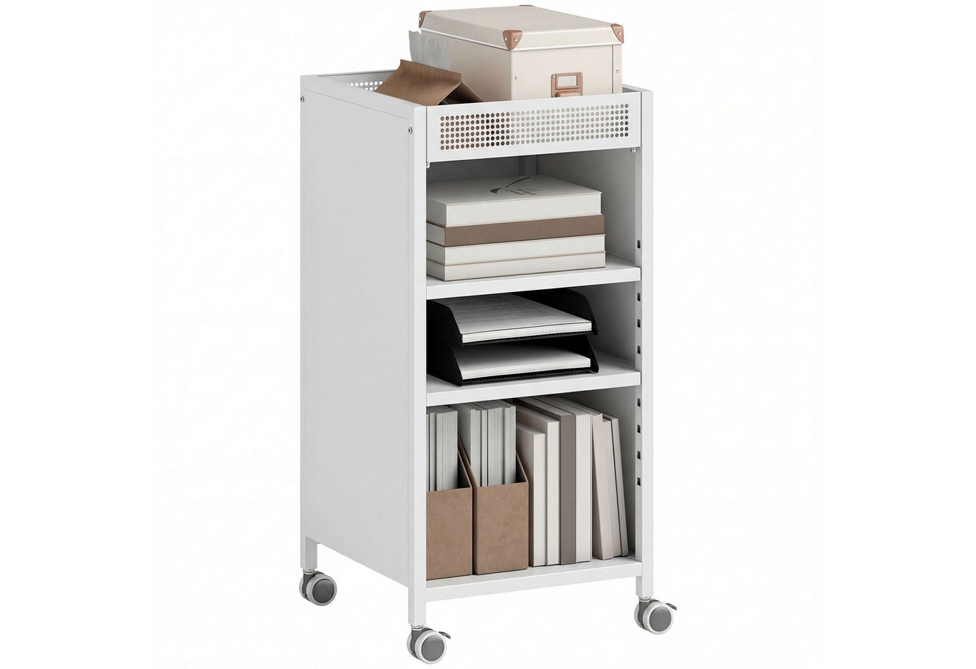HOMCOM Bücherregal Bücherwagen, mit 3 Ebenen, oberem Aufbewahrungskorb, für Zuhause, Bürowagen 1-tlg., Mit Rollen, verstellbare Regalböden, Metallrahmen – Bild 2 von 5