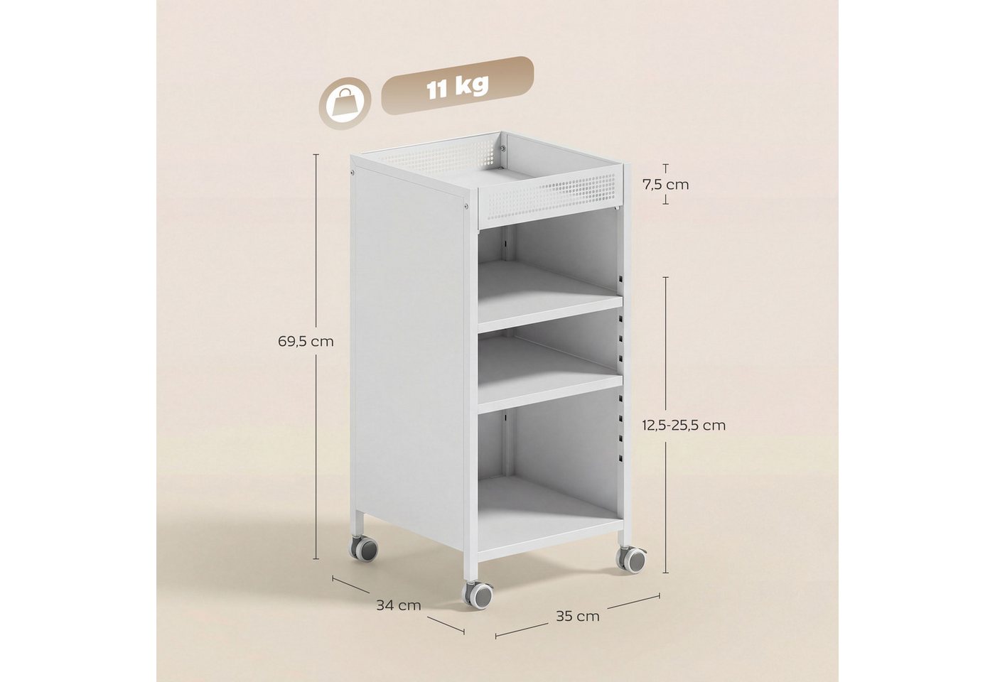 HOMCOM Bücherregal Bücherwagen, mit 3 Ebenen, oberem Aufbewahrungskorb, für Zuhause, Bürowagen 1-tlg., Mit Rollen, verstellbare Regalböden, Metallrahmen – Bild 3 von 5