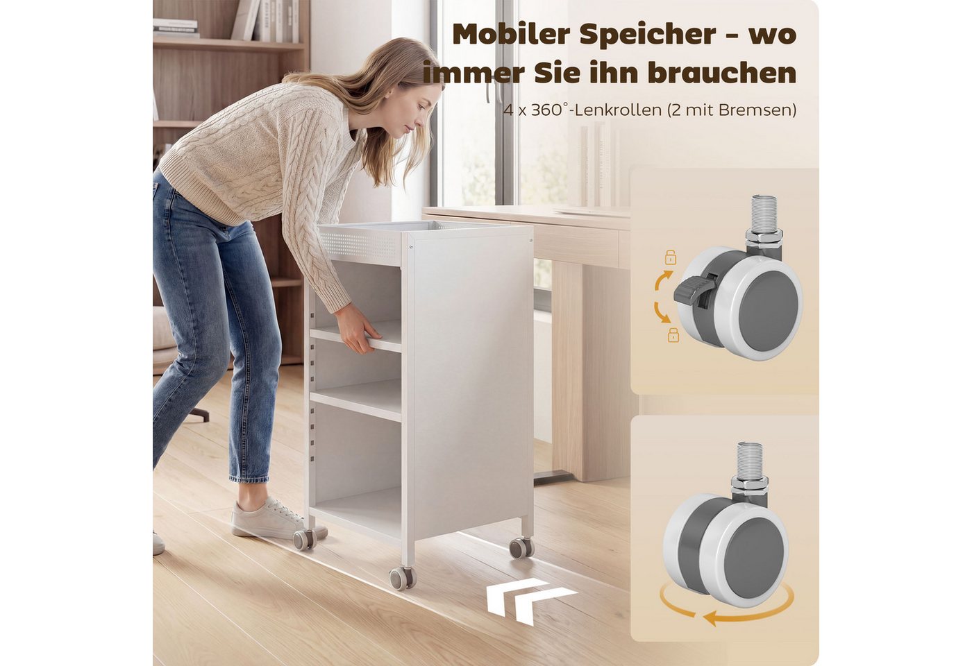 HOMCOM Bücherregal Bücherwagen, mit 3 Ebenen, oberem Aufbewahrungskorb, für Zuhause, Bürowagen 1-tlg., Mit Rollen, verstellbare Regalböden, Metallrahmen – Bild 4 von 5