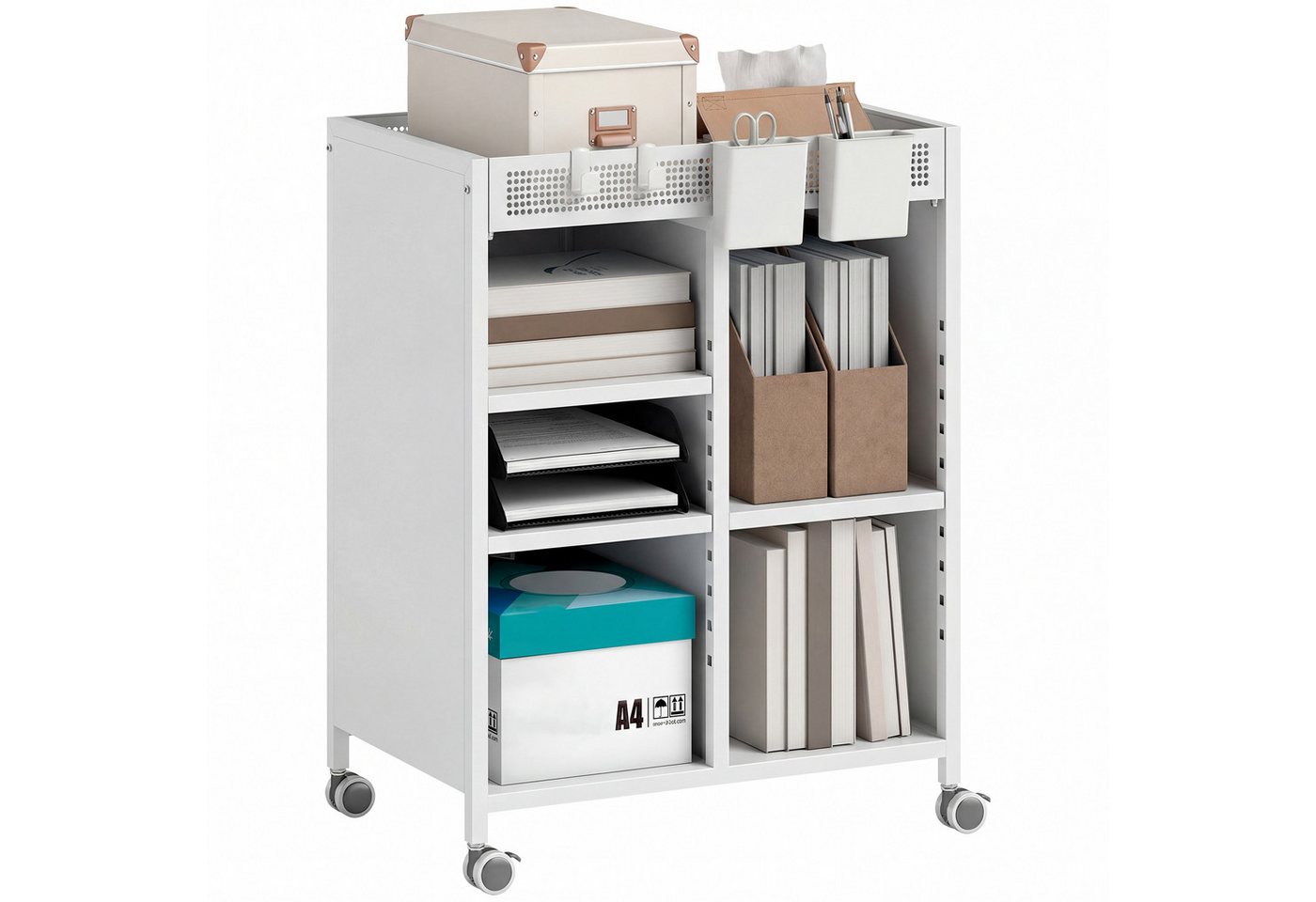 HOMCOM Bücherregal Bücherwagen, mit 4 Ebenen, oberem Aufbewahrungskorb, für Zuhause, Bürowagen 1-tlg., Mobiler Bücherwagen mit verstellbaren Regalböden. – Bild 2 von 5