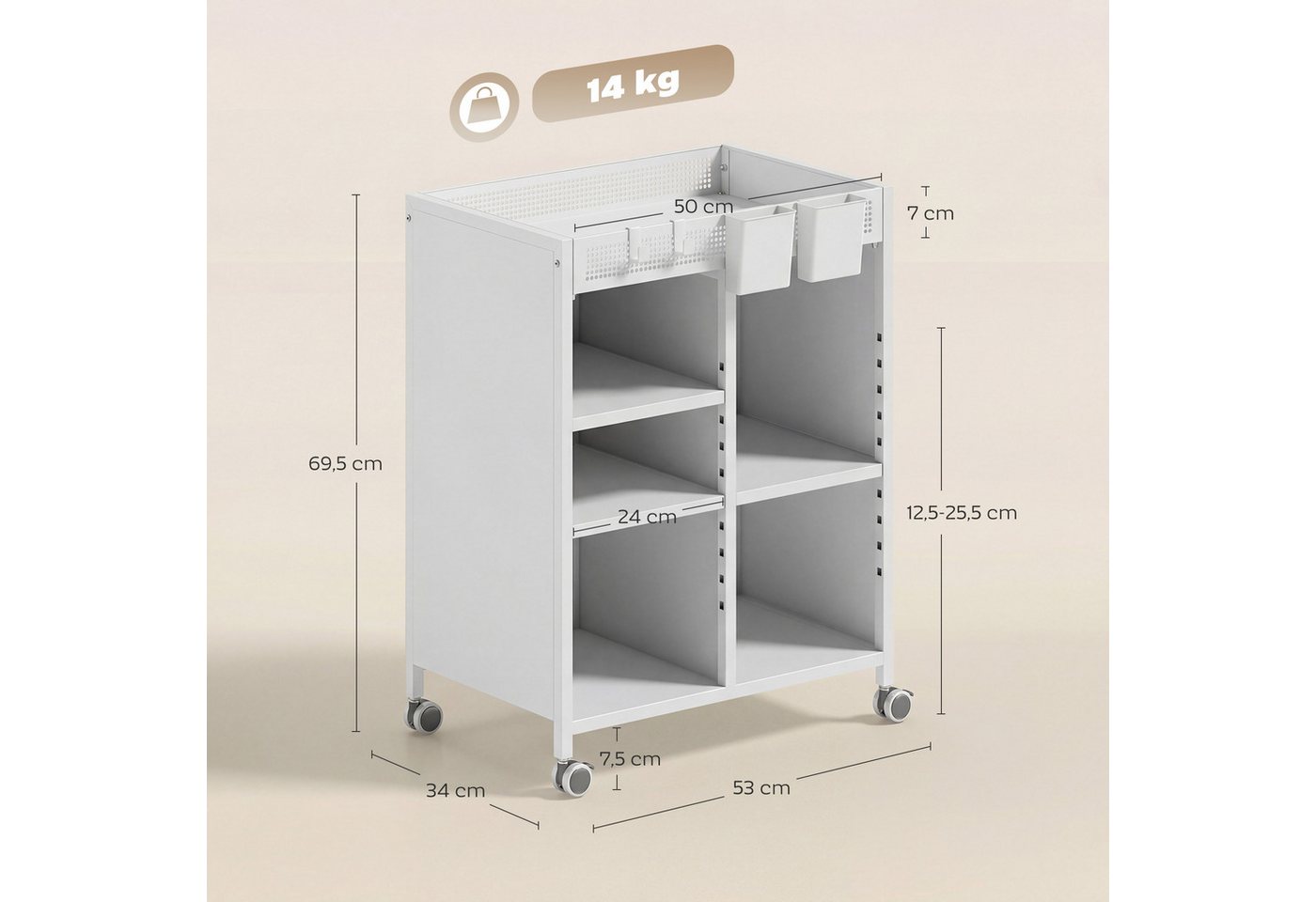 HOMCOM Bücherregal Bücherwagen, mit 4 Ebenen, oberem Aufbewahrungskorb, für Zuhause, Bürowagen 1-tlg., Mobiler Bücherwagen mit verstellbaren Regalböden. – Bild 3 von 5
