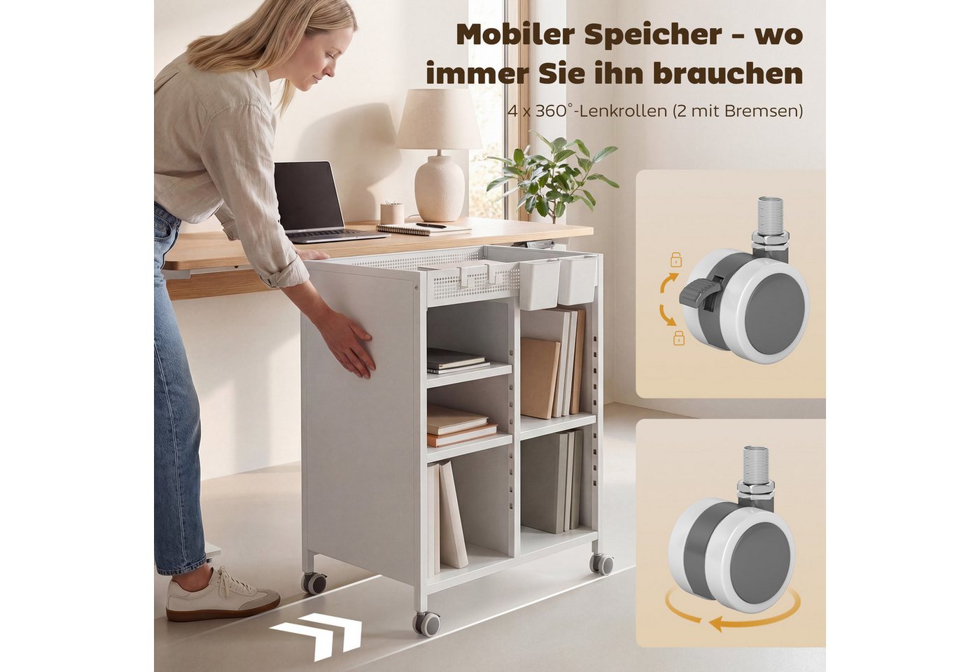 HOMCOM Bücherregal Bücherwagen, mit 4 Ebenen, oberem Aufbewahrungskorb, für Zuhause, Bürowagen 1-tlg., Mobiler Bücherwagen mit verstellbaren Regalböden. – Bild 4 von 5