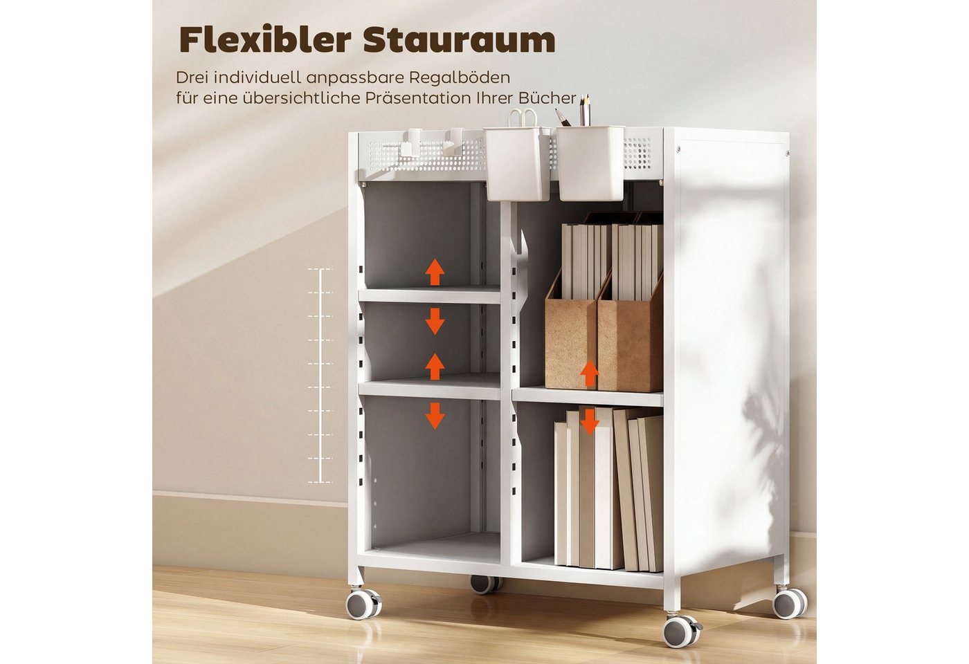 HOMCOM Bücherregal Bücherwagen, mit 4 Ebenen, oberem Aufbewahrungskorb, für Zuhause, Bürowagen 1-tlg., Mobiler Bücherwagen mit verstellbaren Regalböden. – Bild 5 von 5