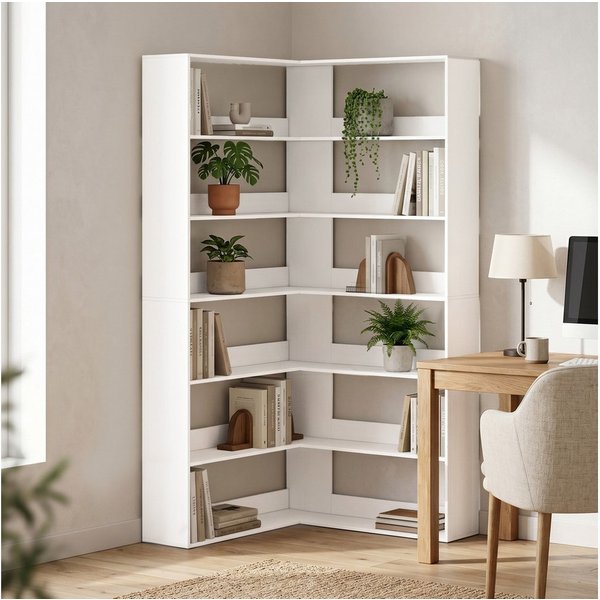 HOMCOM Bücherregal Eckregal L-förmiges Regal mit Holzoptik und Rückenschutz, Standregal 1-tlg., L-förmiges Eckregal mit 7 Ebenen, 7 cm hohe Rückwand, Kippschutz