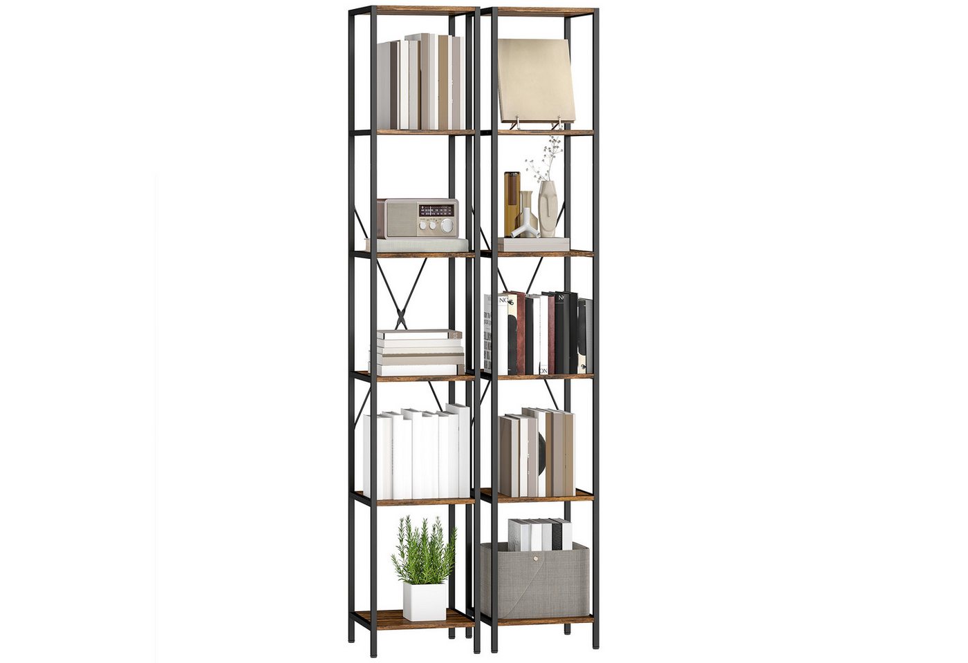 HOMCOM Bücherregal Regal mit 6 Ebenen, Industrial Dekoregal, Homeoffice, Standregale 2-tlg., für Wohnzimmer, Schlafzimmer, Rustikal-Braun – Bild 2 von 5