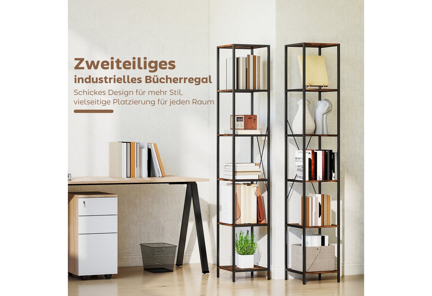 HOMCOM Bücherregal Regal mit 6 Ebenen, Industrial Dekoregal, Homeoffice, Standregale 2-tlg., für Wohnzimmer, Schlafzimmer, Rustikal-Braun – Bild 5 von 5