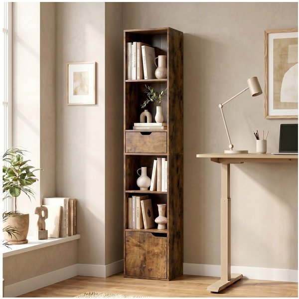 HOMCOM Bücherregal Schmaler Aufbewahrungsregal, Standregale 1-tlg., für Wohnzimmer, Büro, Rustikal-Braun