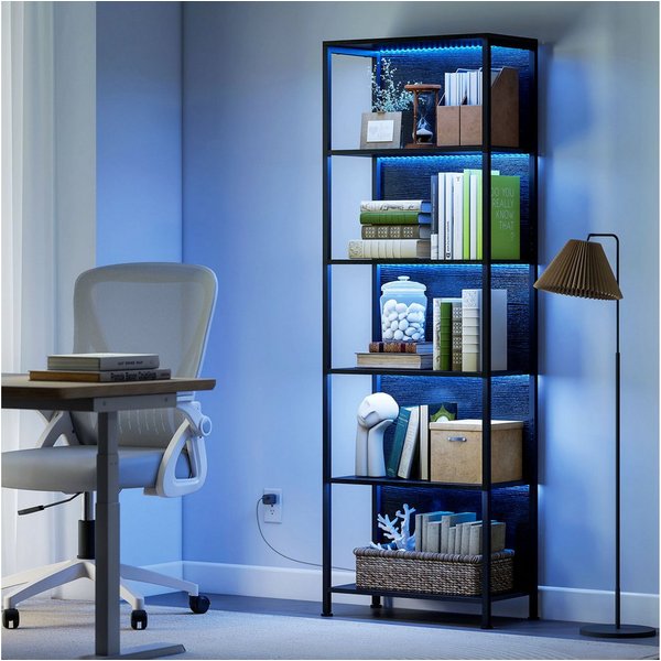 HOMCOM Bücherregal Standregal mit 5 Ebenen Aufbewahrungsregal mit Stahlrahmen Schwarz, Büroregal 1-tlg., LED-Beleuchtung mit 7 Farben, Kippschutz, verstellbare 