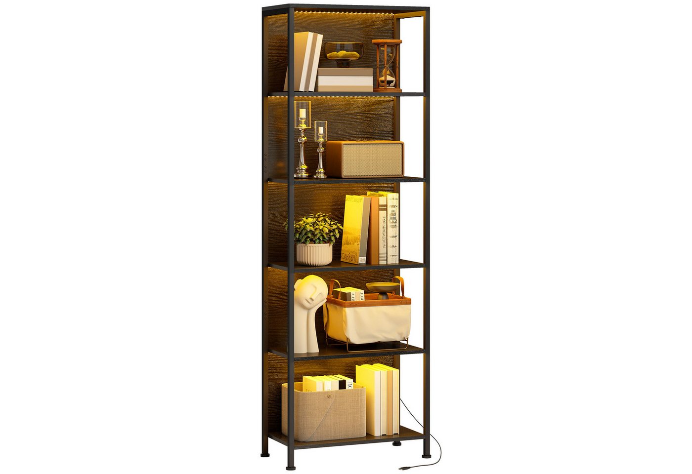 HOMCOM Bücherregal Standregal mit 5 Ebenen Aufbewahrungsregal mit Stahlrahmen Schwarz, Büroregal 1-tlg., LED-Beleuchtung mit 7 Farben, Kippschutz, verstellbare  – Bild 2 von 5