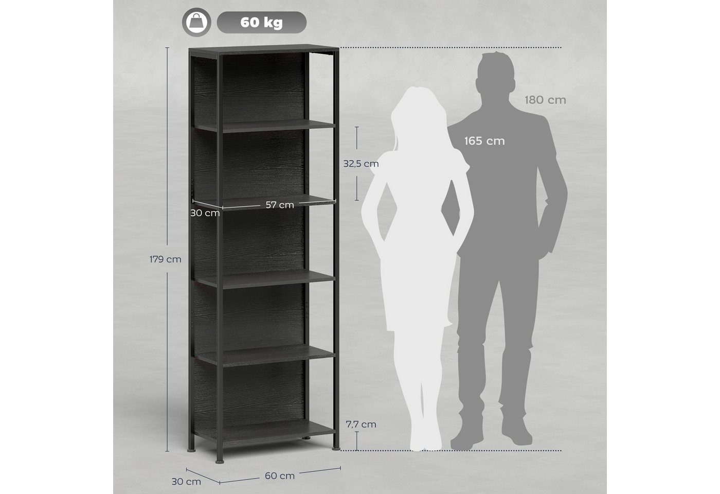 HOMCOM Bücherregal Standregal mit 5 Ebenen Aufbewahrungsregal mit Stahlrahmen Schwarz, Büroregal 1-tlg., LED-Beleuchtung mit 7 Farben, Kippschutz, verstellbare  – Bild 3 von 5