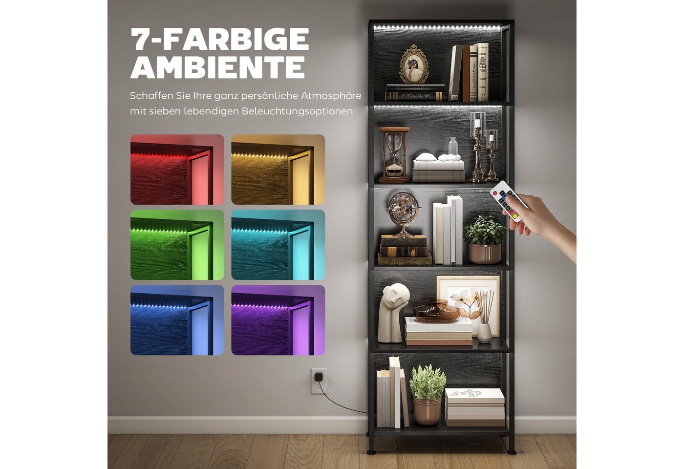 HOMCOM Bücherregal Standregal mit 5 Ebenen Aufbewahrungsregal mit Stahlrahmen Schwarz, Büroregal 1-tlg., LED-Beleuchtung mit 7 Farben, Kippschutz, verstellbare  – Bild 4 von 5