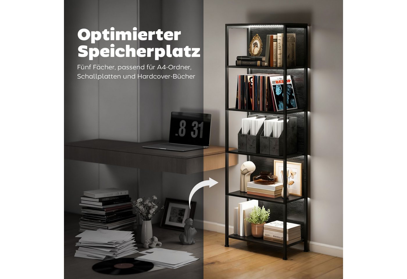 HOMCOM Bücherregal Standregal mit 5 Ebenen Aufbewahrungsregal mit Stahlrahmen Schwarz, Büroregal 1-tlg., LED-Beleuchtung mit 7 Farben, Kippschutz, verstellbare  – Bild 5 von 5