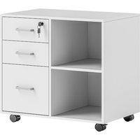 HOMCOM Bürocontainer mit 3 Schubladen, Büromöbel aus Holz mit Rädern, 2 Fächer und Schublade mit Schloss und Schlüssel, für Büro und Studium, 60x40x56 cm, Weiß 