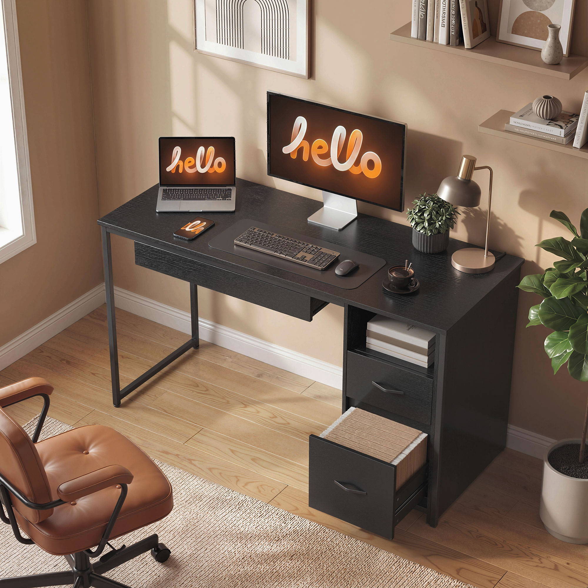 HOMCOM Büroschreibtisch, 120x52.3 cm platzsparender Schreibtisch mit Tastaturablage, offenem Fach und Schubladen für A4/Letter/Legal-Dokumente, Computertisch fü – Bild 2 von 2