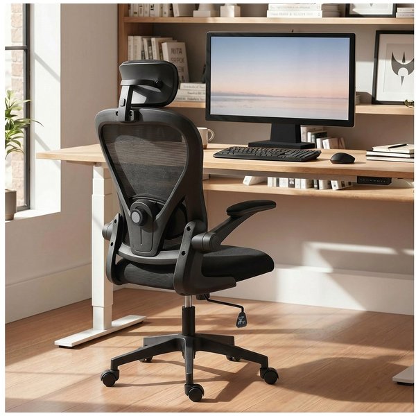 HOMCOM Bürostuhl Hochklappbare Armlehnen, Drehstuhl, Wippfunktion, Netz schwarz (Ergonomischer Schreibtischstuhl, 1 St), Verstellbare Kopfstütze und Lendenstütz