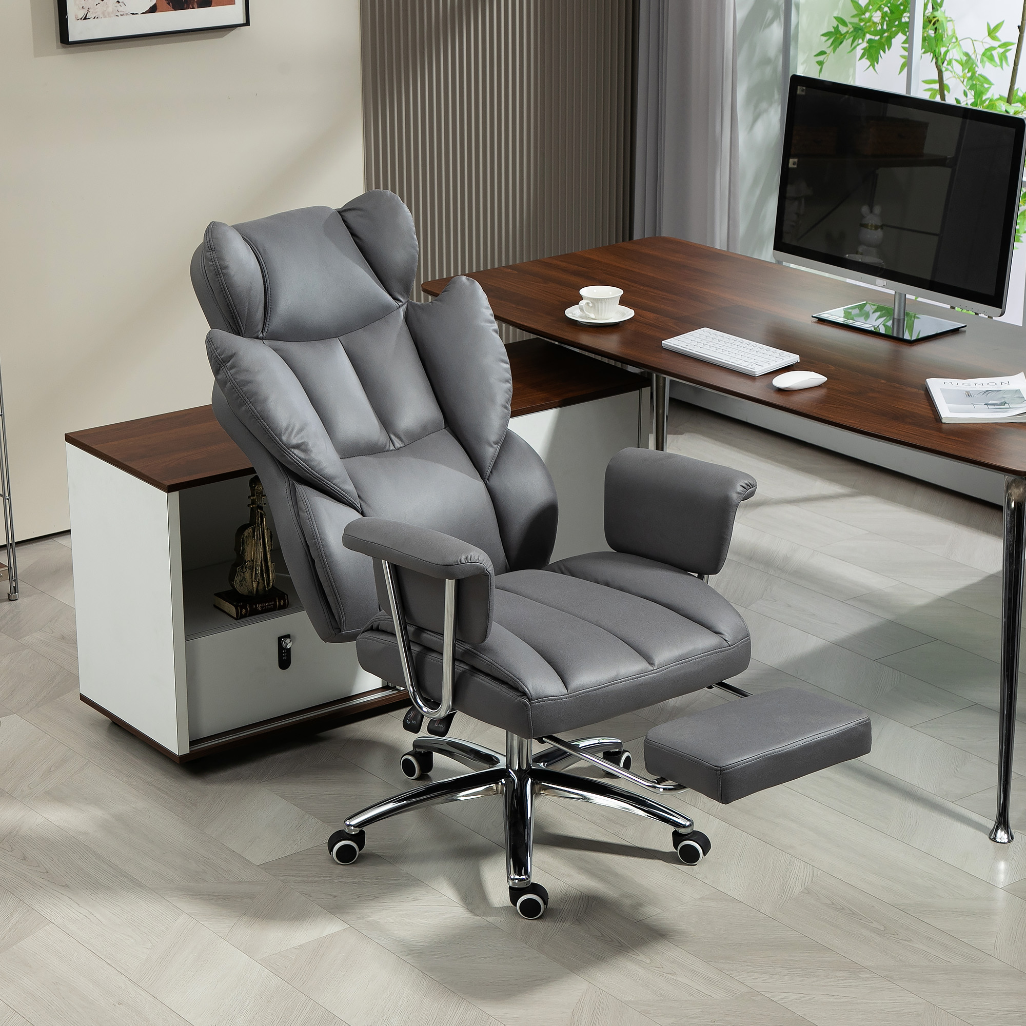 HOMCOM Bürostuhl mit Liegefunktion, ergonomisch Schreibtischstuhl, höhenverstellbar Drehstuhl mit Fußstütze, gepolstert, bis 120 kg belastbar, für Büro, Arbeits – Bild 2 von 2