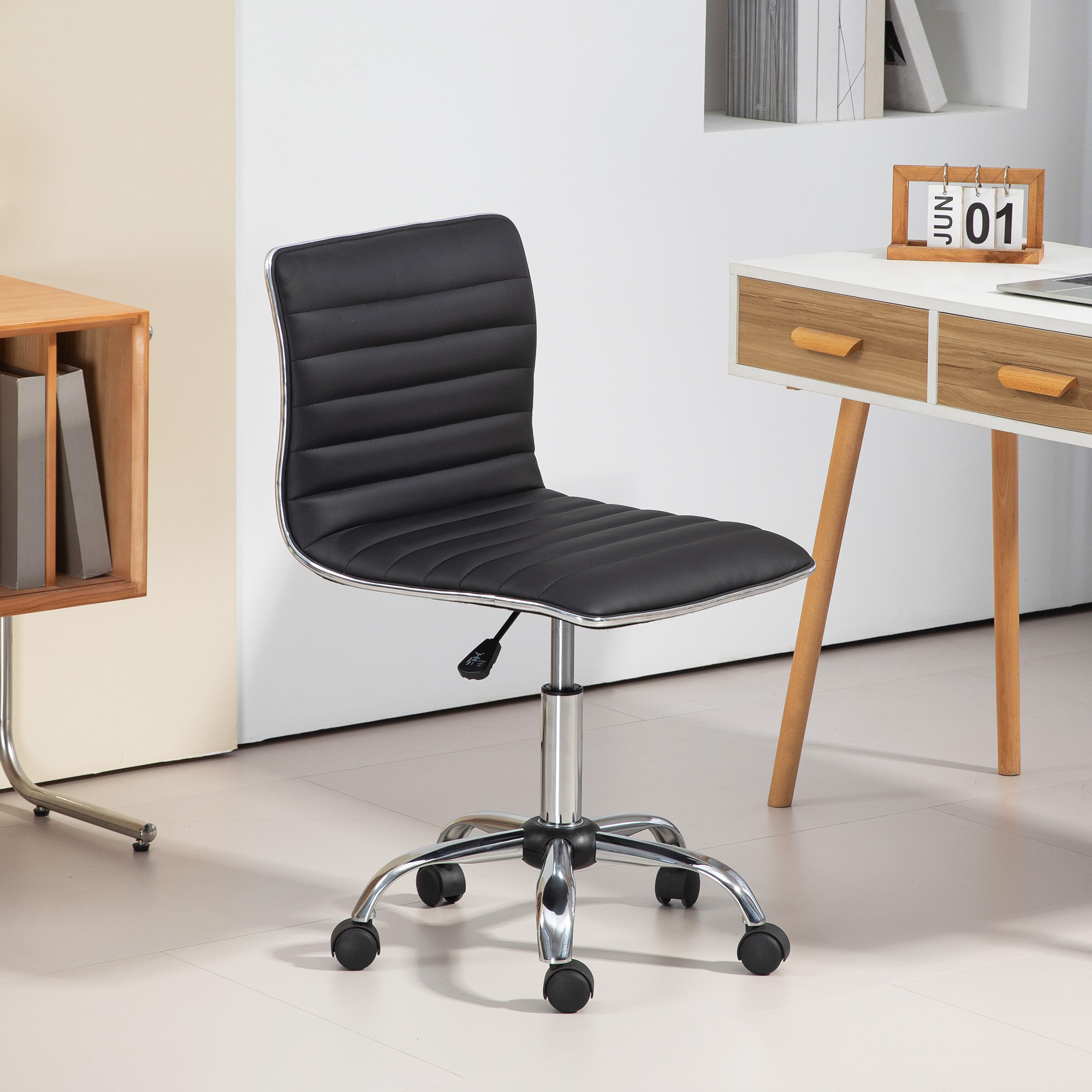 HOMCOM Bürostuhl mit Rückenlehne, höhenverstellbar Drehstuhl mit Rollen, Schreibtischstuhl bis 120 kg belastbar, für Arbeitszimmer, Büro, Schwarz Aosom – Bild 2 von 2