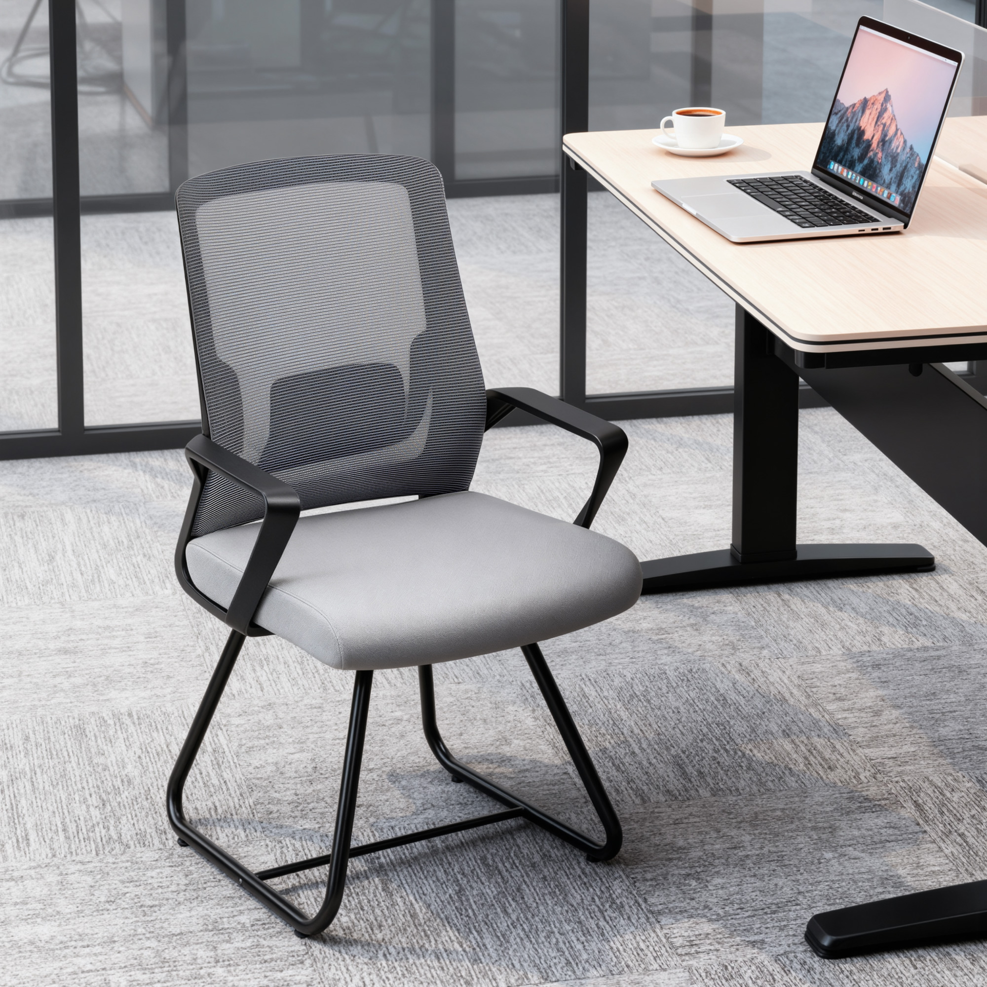 HOMCOM Bürostuhl ohne Rollen, Warte- und Konferenzstuhl mit Lendenstütze und Armlehnen, atmungsaktive Netzbespannung, ergonomischer Besucherstuhl für Gäste und  – Bild 2 von 2