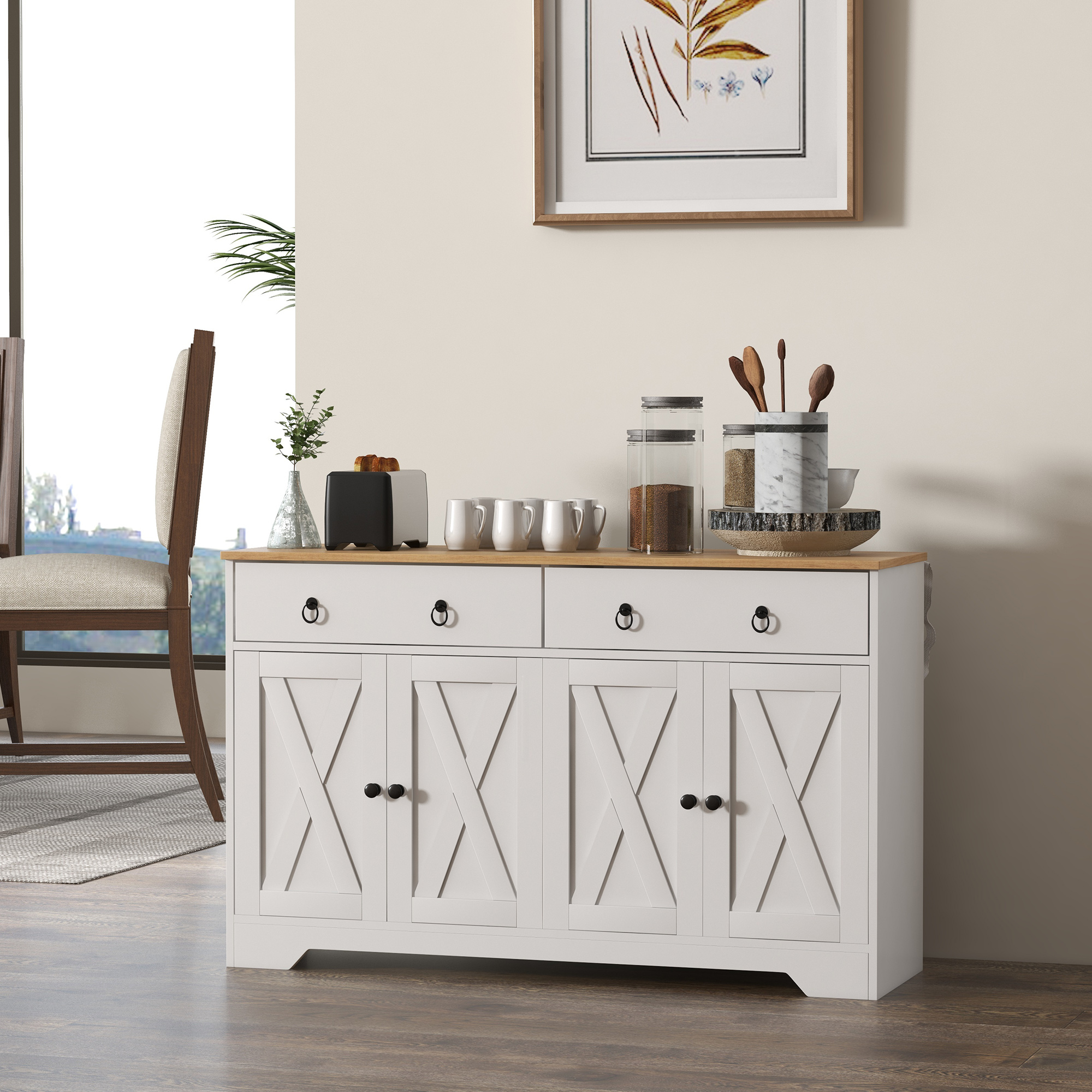 HOMCOM Buffet Aufbewahrungsschrank Küchenmöbel Landhausstil 2 Schubladen und 2 Schränke mit höhenverstellbaren Regalen - Maße 121L x 37B x 75H cm weiß Aosom – Bild 2 von 2