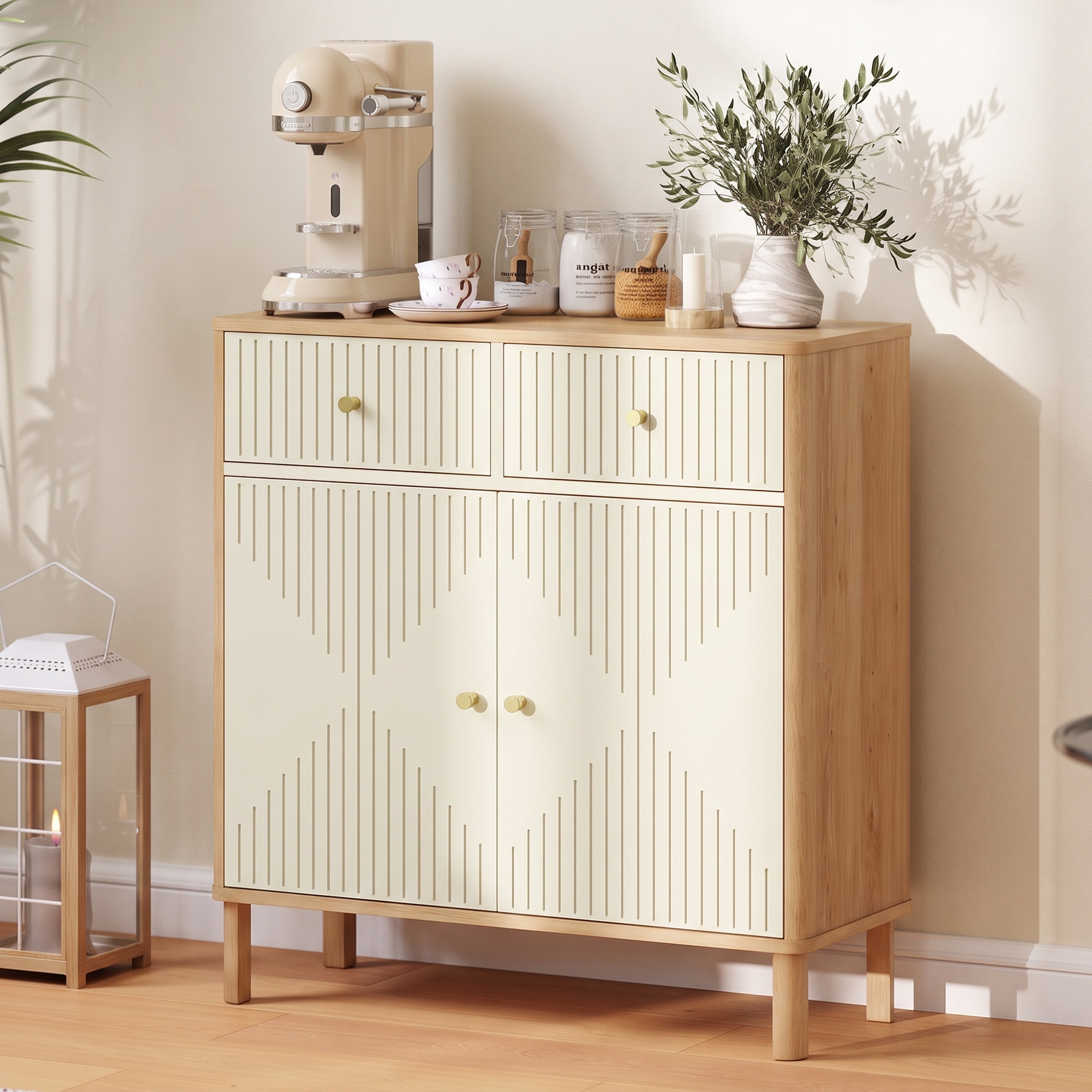 HOMCOM Buffet für Wohnzimmer mit Eichen-Optik-Platte, geriffeltes Aufbewahrungsmöbel mit 2 Schubladen, 2 Türen und verstellbarem Regal, moderner Stil, Buffet fü – Bild 2 von 2