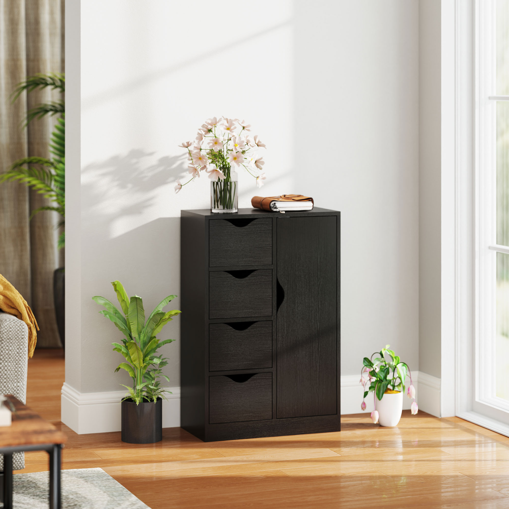 HOMCOM Buffet Kommode modernes Möbelstück 1 Schrank und 4 Schubladen - aus Holz - für Wohnzimmer, Küche, Diele, Esszimmer - Schwarz Aosom – Bild 2 von 2