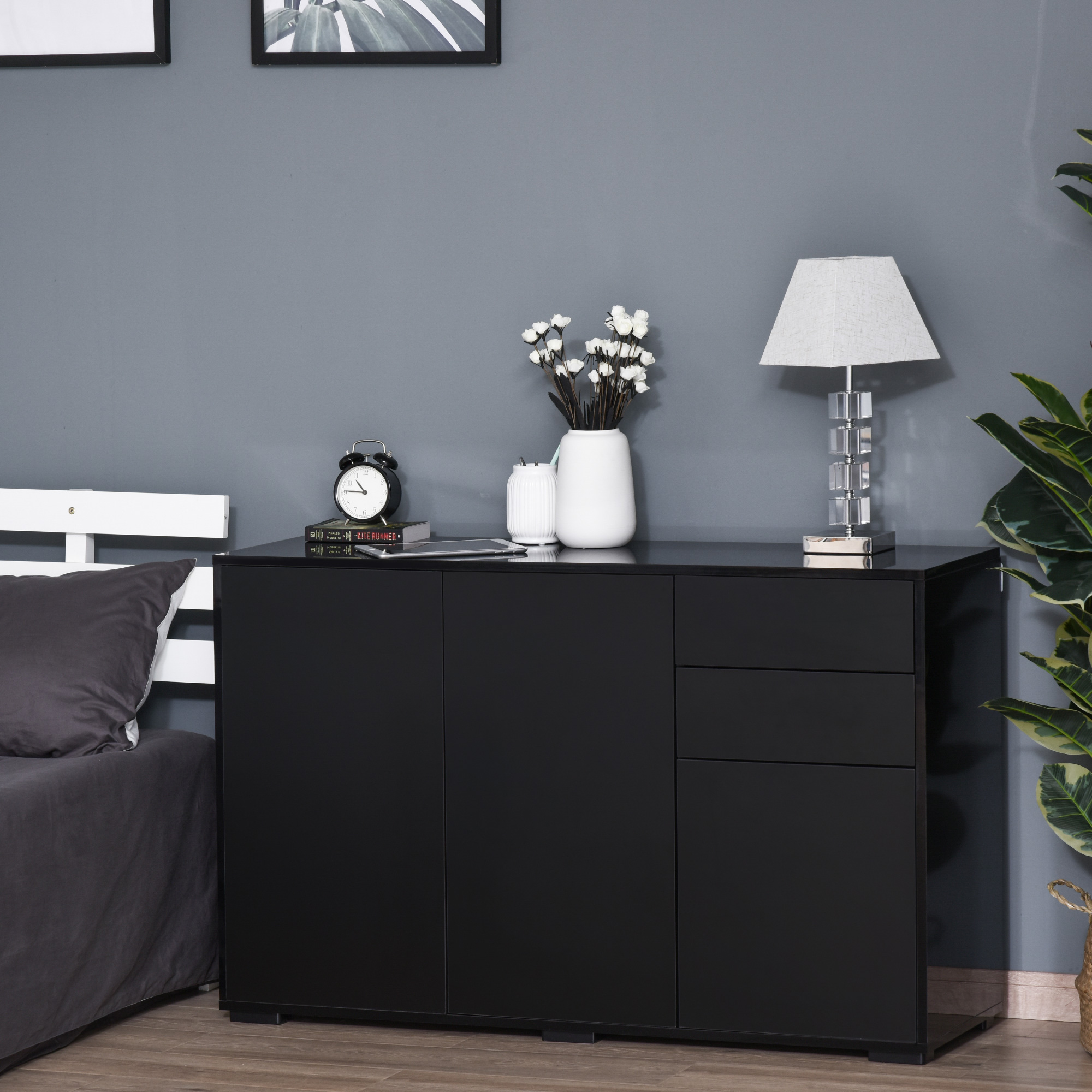 HOMCOM Buffet-Sideboard Aufbewahrungsschrank mit 2 Schubladen, 3 Türen, höhenverstellbarem Regal, Teilchenplatten, 117 x 36 x 74 cm Schwarz Aosom – Bild 2 von 2