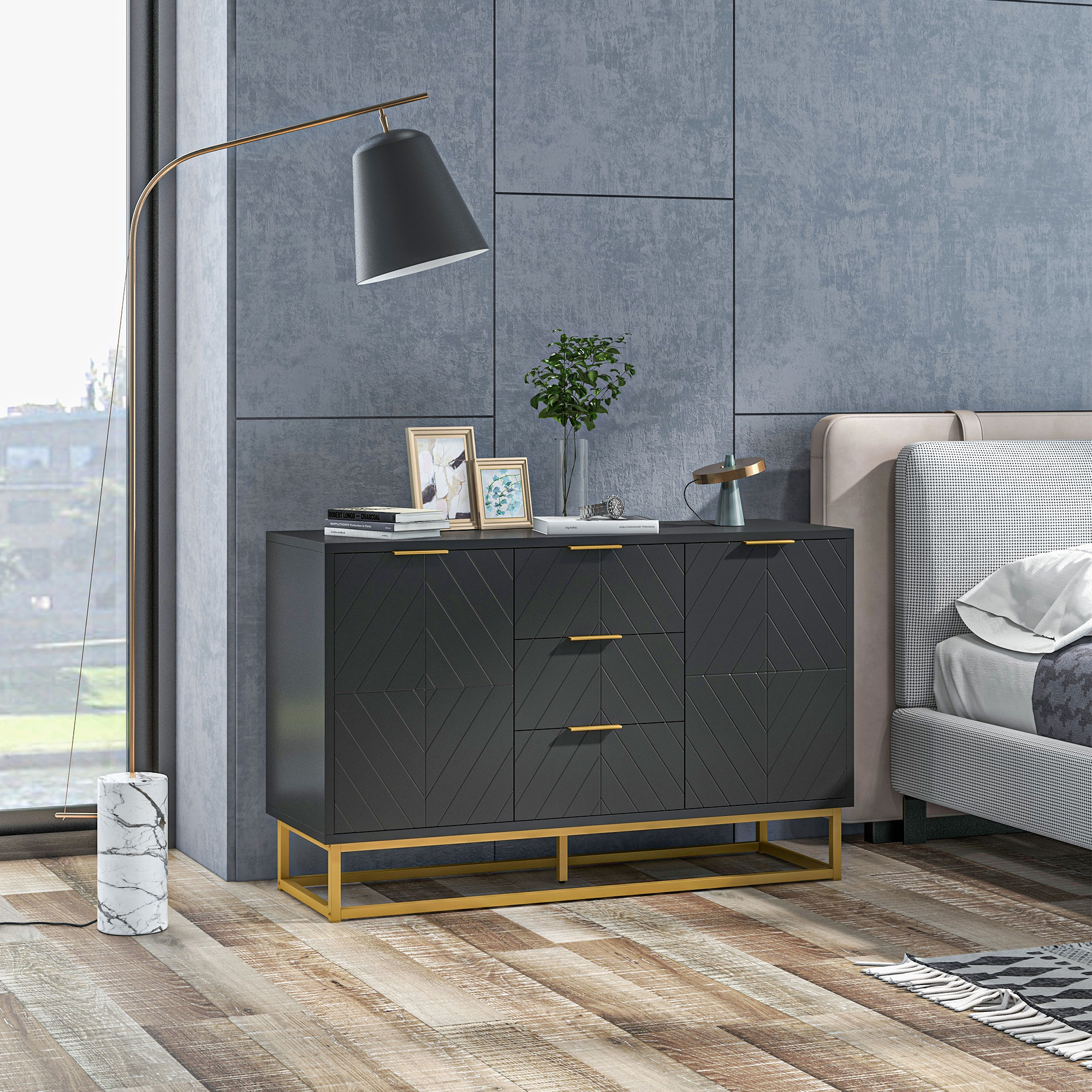 HOMCOM Buffet zeitgenössisches grafisches Design 2 Schranktüren mit verstellbaren Regalen 3 Schubladen in schwarzem Holz mit goldenem Metall Aosom – Bild 2 von 2