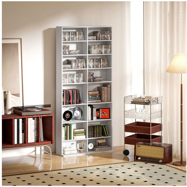 HOMCOM CD-Regal CD-Ständer mit verstellbaren Regal Bücherregal Medienregal, CD DVD Blueray Regal 1-tlg., fürs Wohnzimmer 24 x 175 cm Weiß