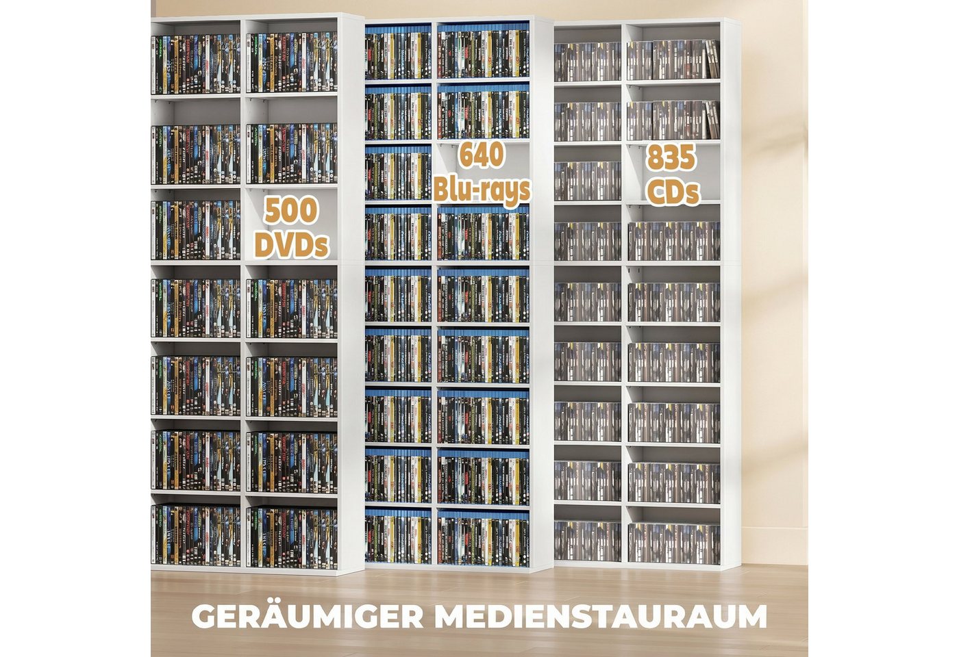 HOMCOM CD-Regal DVD-Regal für 835 CDs oder 500 DVDs, Blu-ray Medienregal, Weiß, CD Turm 1-tlg., 27 Fächer, 21 verstellbare Einlegeböden – Bild 4 von 5