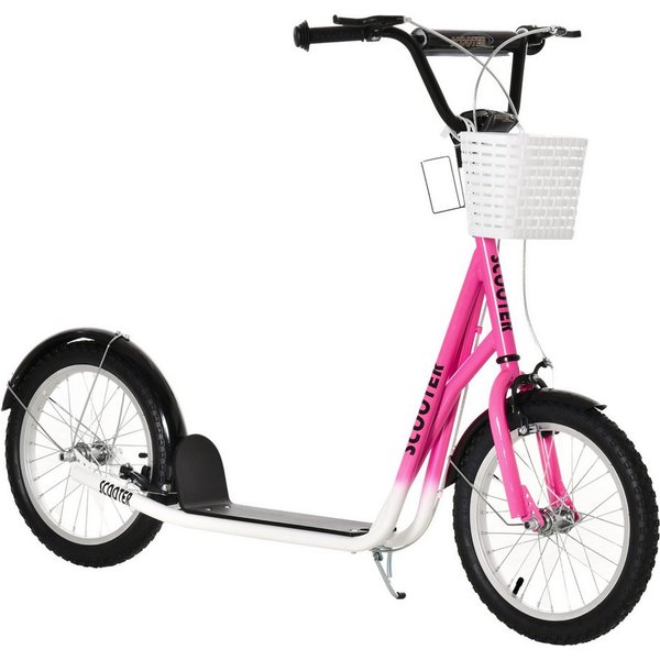 HOMCOM Cityroller Roller Kinderroller mit Luftreifen Handbremse 16 Zoll Tretroller, 1 km/h, (Roller, 1 tlg., Kickscooter), für 5-12 Kinder, Rosa+Schwarz