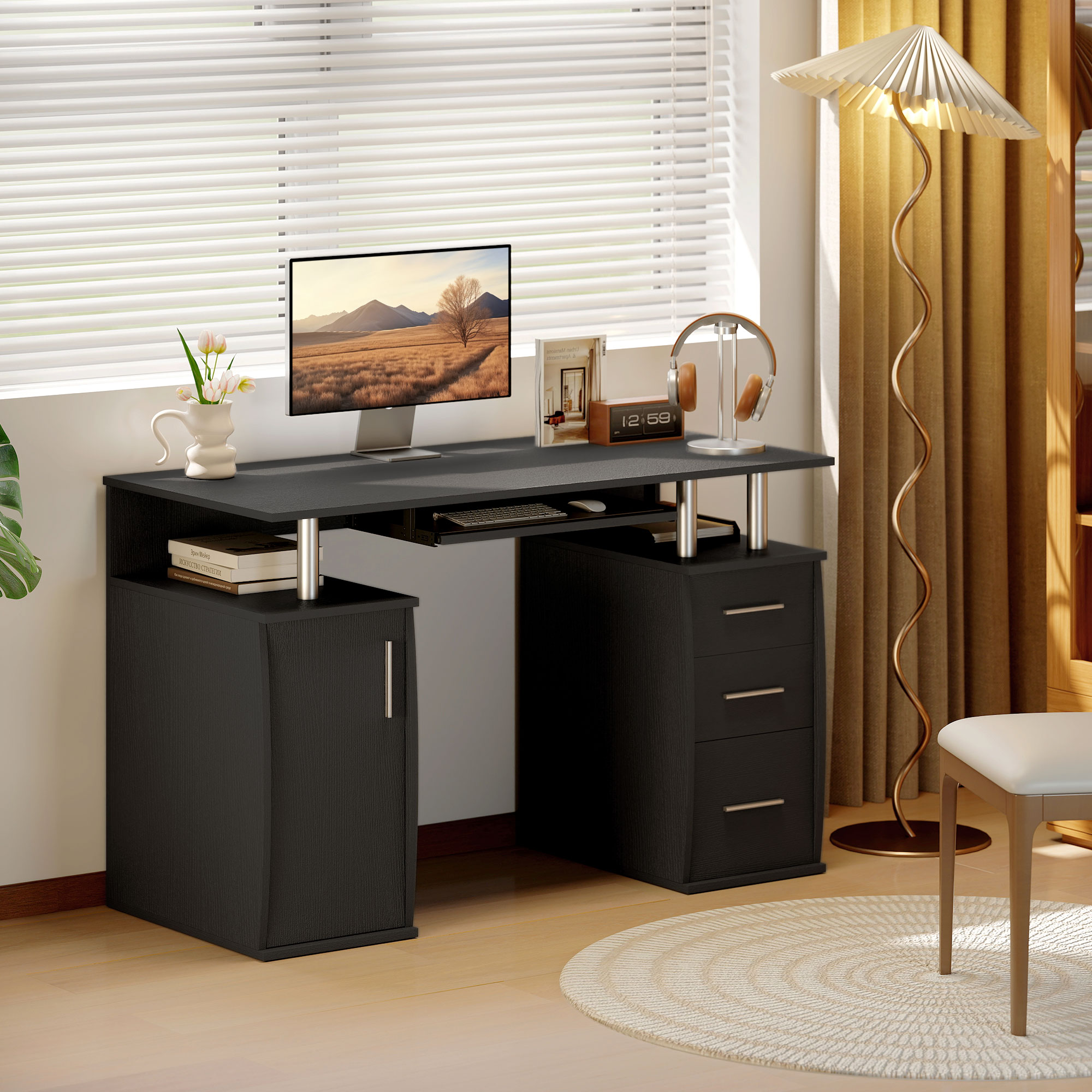 HOMCOM Computerschreibtisch, Computertisch 120 x 55 cm mit Tastaturauszug, 3 Schubladen, Fach für PC-Gehäuse und offene Regalfächer, für Schlafzimmer, Zuhause,  – Bild 2 von 2
