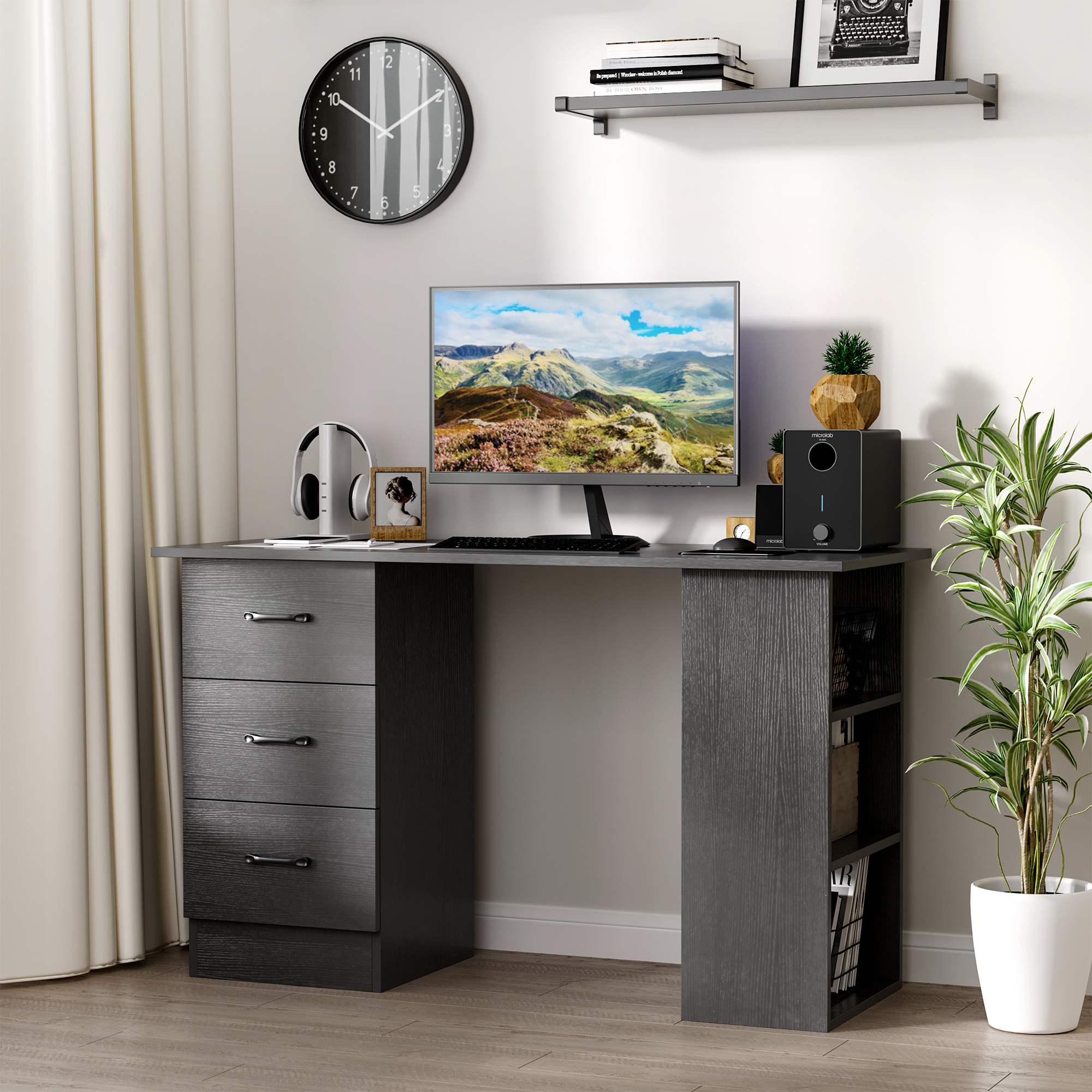 HOMCOM Computertisch Büromöbel 3 Schubladen + 3 Regale Große Arbeitsplatte 120L x 49B x 72H cm MDF Schwarz Aosom – Bild 2 von 2