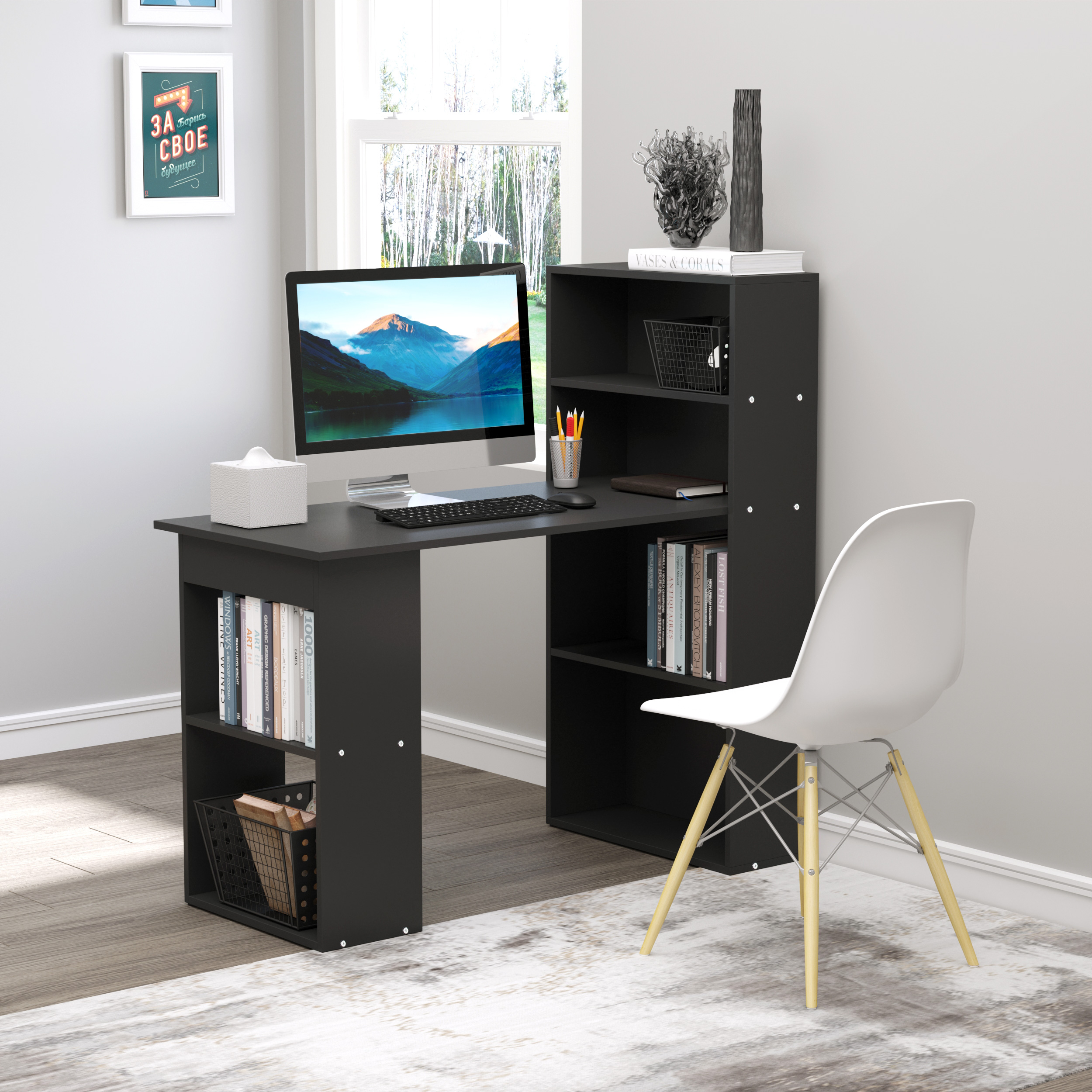 HOMCOM Computertisch mit angrenzendem Bücherregal Eckbüro 120L x 55B x 120H cm Multi-Lagerung Schwarz Aosom – Bild 2 von 2
